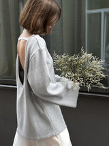 Damen rückenfreier, locker gestrickter Pullover – Lässiger, eleganter Langarm-Patchwork-Pullover