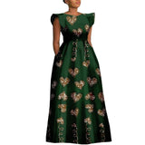 The "Heritage Queen" Floor-Length Gown: Bold Ankara Wax Cotton Dress with Short Sleeves