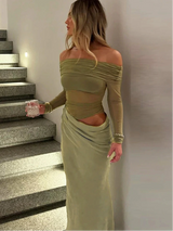 Sexy Mesh Ruched Maxi Dress – See Through Off Shoulder Long Sleeve Sheath