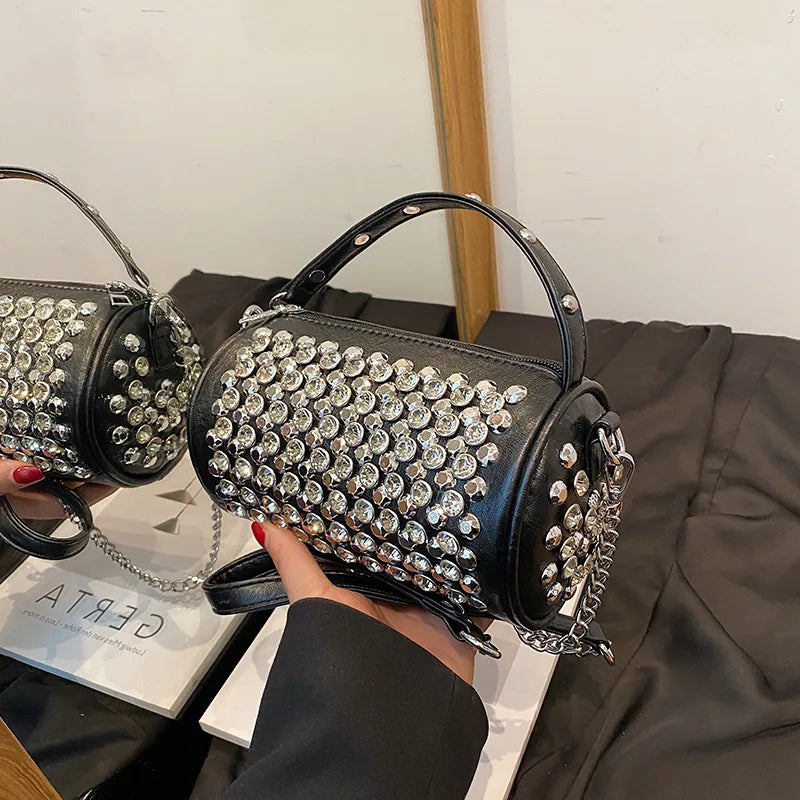 Luxury Cylinder Rhinestone Shoulder Bag | Handmade Crystal Pillow Crossbody
