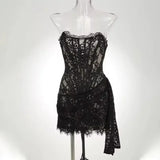 Women’s Sexy Strapless Lace Mini Dress – Sheer Patchwork High Waist Evening & Party Dress