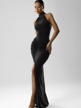 Figurbetontes rückenfreies Maxi-Kleid mit Raffung – Ärmelloses Abendkleid für Damen mit hoher Taille