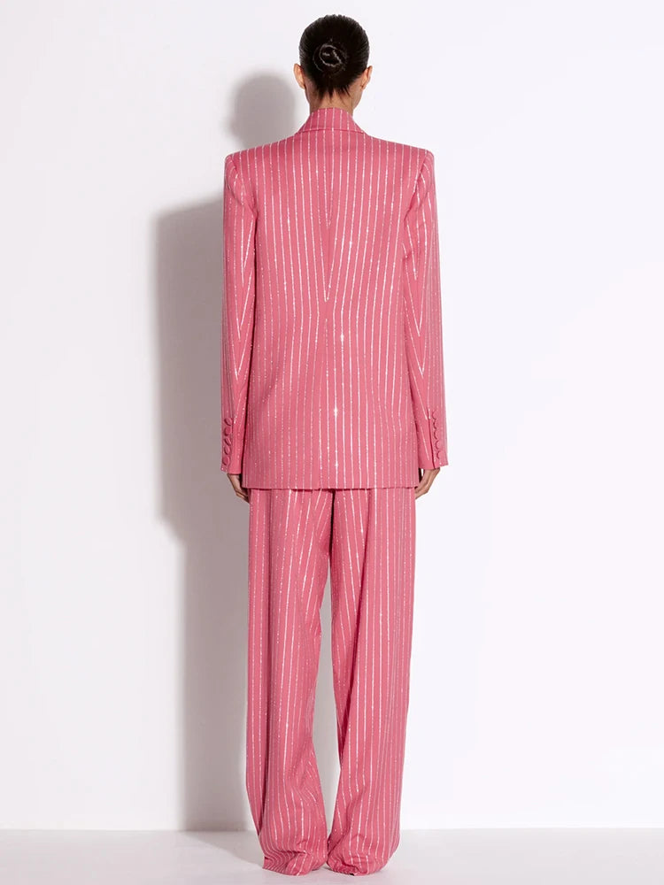 Women’s High-End Designer Suit Set – Single Button Blazer with Diamond Shape Striping & High Waist Pants