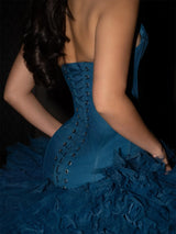 Blaues schulterfreies Ballkleid | Mehrlagiges Abendkleid