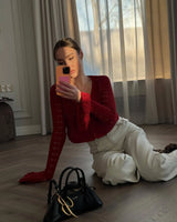 Strickwaren Damen V-Ausschnitt Langarm 透かし Netz Crop Top