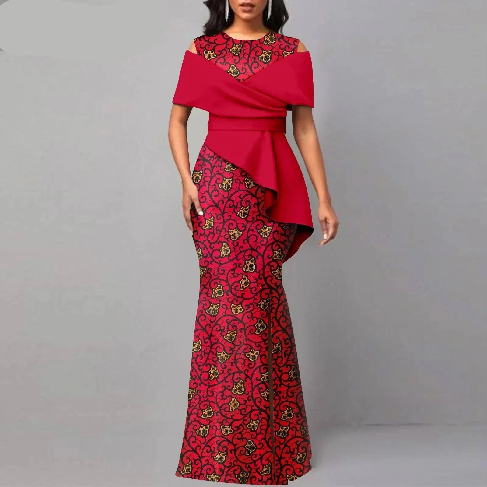 African High Waist Ankara Print Party Gown Women’s Off-the-Shoulder Maxi Dress