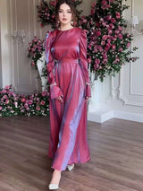 The "Rose-Lustre" Silky Abaya: Stunning Pink High-Shine Moroccan Style Kaftan with Lace-up Waist