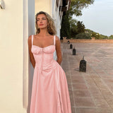 Women's Elegant Pink Lace-Up Midi Dress