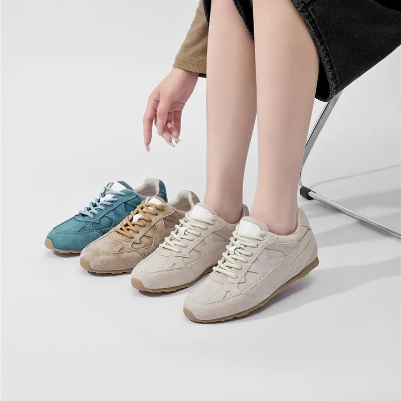 Women’s Genuine Leather Moral Training Shoes – Retro Casual Flat Sneakers