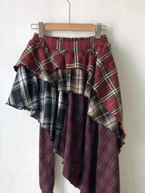 Women’s Red Plaid Patchwork A-Line High-Waist Irregular Skirt
