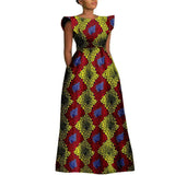 The "Heritage Queen" Floor-Length Gown: Bold Ankara Wax Cotton Dress with Short Sleeves