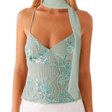 Damen Y2K Pailletten Neckholder Crop Top – Perlenbesticktes Glitzer-Cami