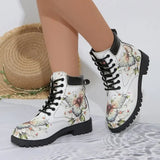 Women’s Printed Lace-Up Ankle Boots – Retro Round Toe Vintage Floral Low Heel Chelsea Boots