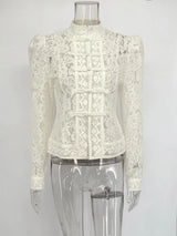 Eleganter bedruckter Spitzen-Hohl-Oberteil – Vintage-Damen-Sommerhemd mit Durchblick
