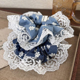 Denim Color Embroidered Flowers Lace Hair Scrunchies