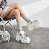 Women’s White Gothic Platform Punk Lace-Up Metal Decor Rock Boots