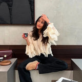 Women’s Sexy Semi-Sheer Ruffle Blouse | V-Neck Long Sleeve Button-Down Shirt