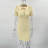 Ruffled Knitted Mini Dress for Women | High Waist Short Sleeve Bodycon Dress