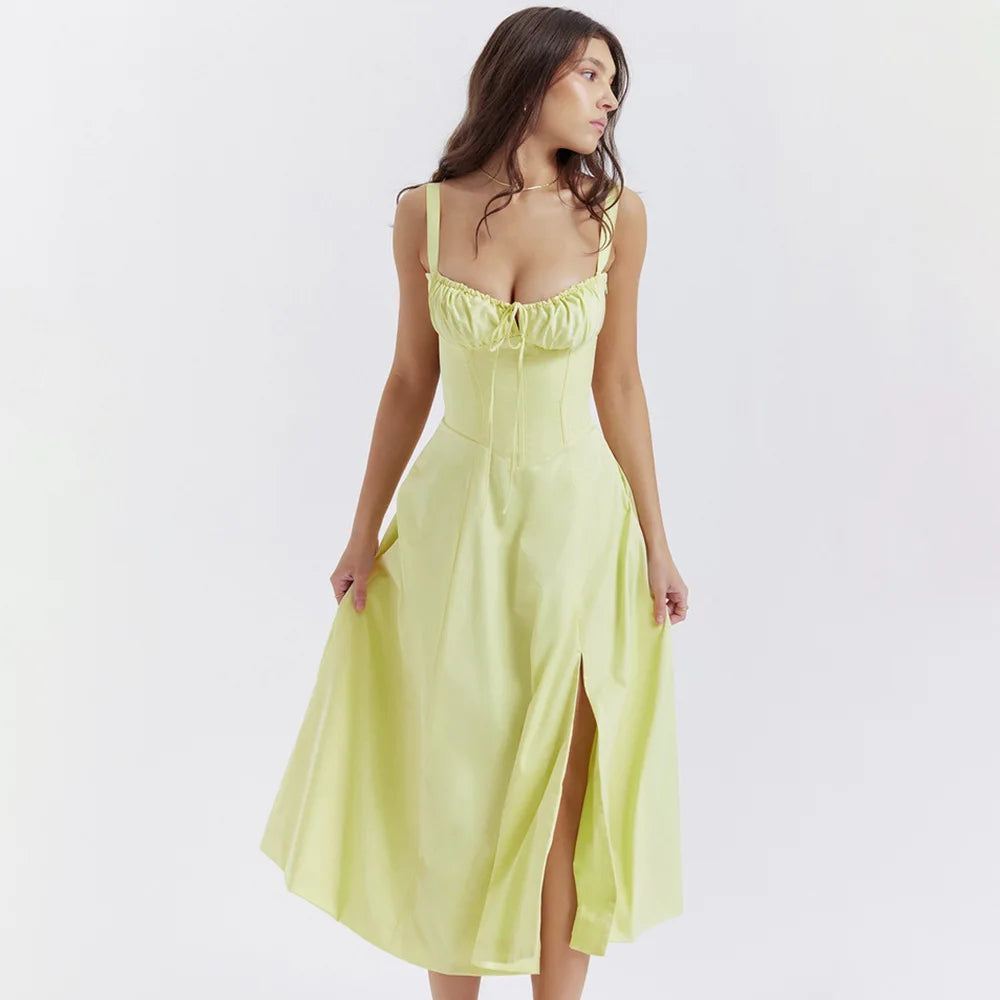 Women's Elegant Yellow Lace-Up Midi Dress