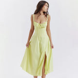 Women's Elegant Yellow Lace-Up Midi Dress
