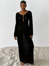 Women’s See-Through V-Neck Hollow Out Beach Dress, Sexy Backless Knitwear
