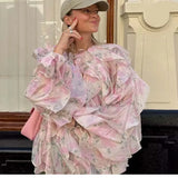 Women’s Elegant Floral Print Chiffon Blouse | Long Sleeve Lace-Up O-Neck Top