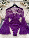 Sexy Deep V-Neck Lace Playsuit Long Flare Sleeve Hollow Out Open Crotch Bodysuit Romper