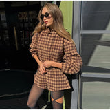 Karierte Damen-Reißverschlussjacke & High-Waist-Shorts mit Taschen Frühling Damen Office Anzug-Set
