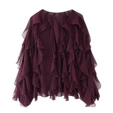 Women’s Sexy Semi-Sheer Ruffle Blouse | V-Neck Long Sleeve Button-Down Shirt