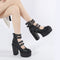 Damen Gothic Plateau Blockabsatz Pumps: Mary Janes mit Schnallenriemen und Reißverschluss hinten