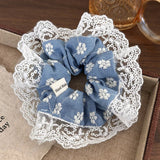 Denim Color Embroidered Flowers Lace Hair Scrunchies
