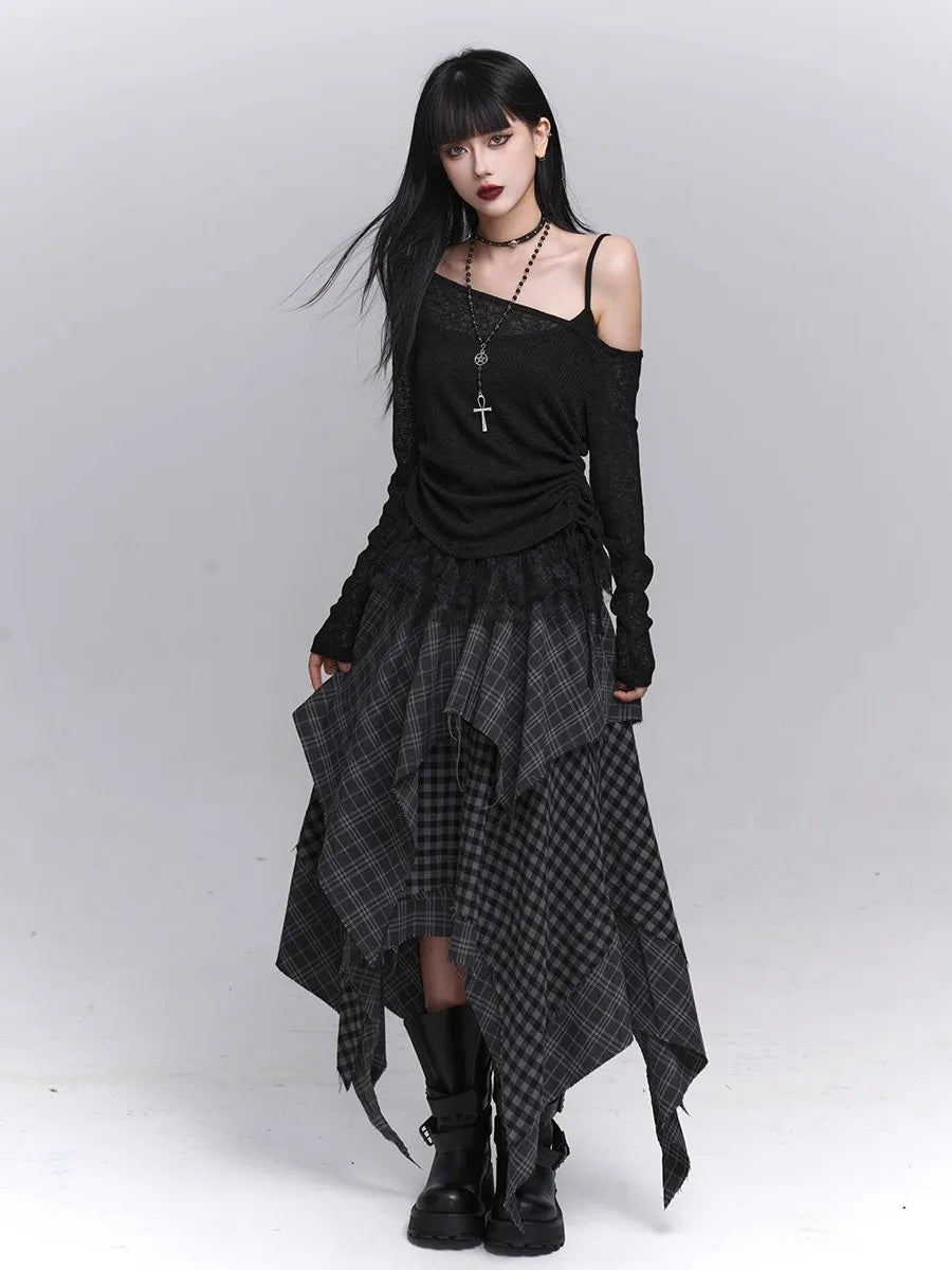 Acubi Fashion Karierter Asymmetrischer Rock | Damen Alt Goth Maxi mit elastischem Bund