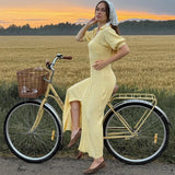 Women’s Knit Puff Sleeve Long Dress – Elegant V-Neck Single-Breasted Midi Dress