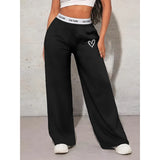 Women's Wide Leg Casual Loose Fit Webbing Detail Love Heart Printed Trousers