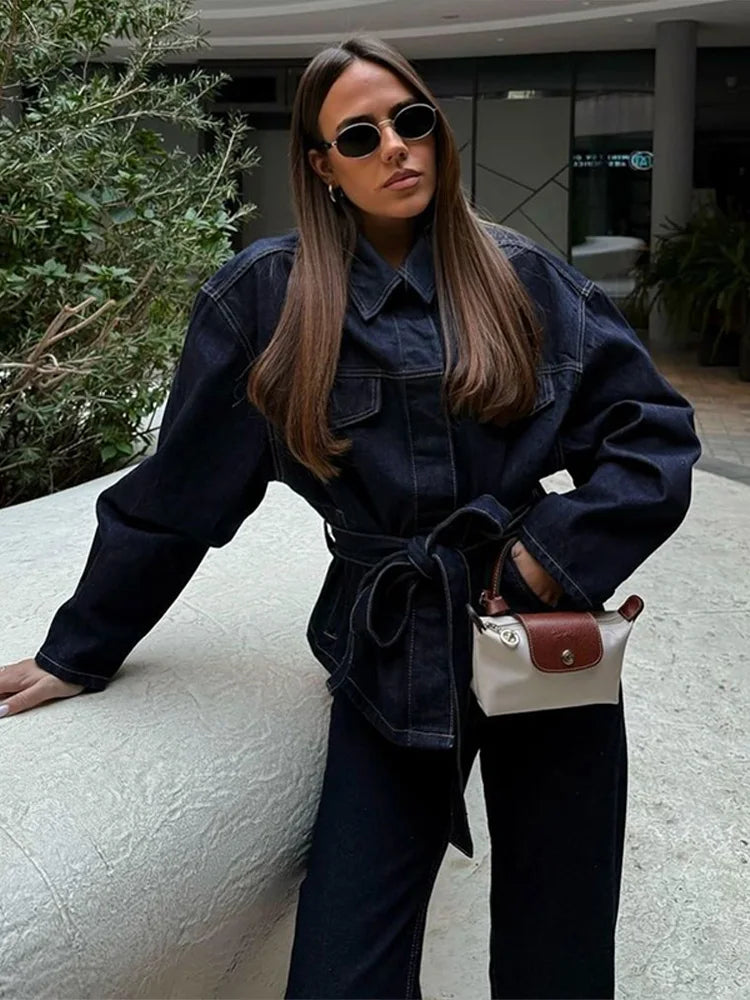 Women’s Fashion Denim Jacket with Waist Belt – Elegant Single Breasted Long Sleeve Jean Coat