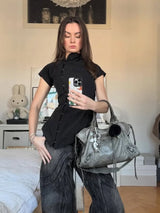 Women’s Vintage Black Cropped Blouse – Irregular Button Fashion Top, Slim Fit Short Sleeve Lapel Shirt