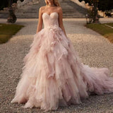 Rosa flauschiges Mesh-Abendkleid | Ballkleid mit 3D-Blumenverzierung