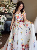 Weißes A-Linien-Ballkleid mit Blumenmuster | schulterfreies Gala-Kleid mit herzförmigem Ausschnitt