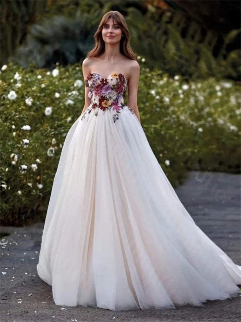 Weißes florales Top Ballkleid | Luxuriöses Blumenstoff Hochzeitsfeier-Kleid
