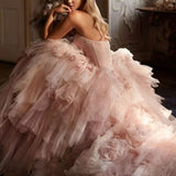 Rosa flauschiges Mesh-Abendkleid | Ballkleid mit 3D-Blumenverzierung