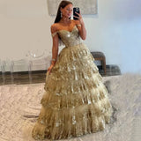 Puffärmeliges, schulterfreies Abendkleid | Mehrlagiges Tüll-Sweetheart-Ballkleid